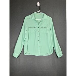 Active USA Women's Blouse S Mint Green Button Front Shirt Roll Tab Sleeves